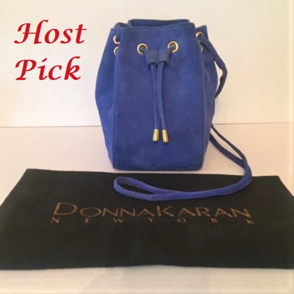 DONNA KARAN blue suede cross body bucket bag
